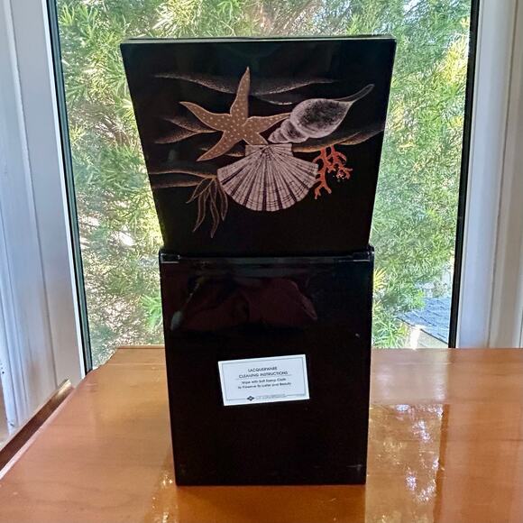 Vintage Otagiri Black Lacquer Jewelry Box with Mirror & Seashell Design - Picture 6 of 16